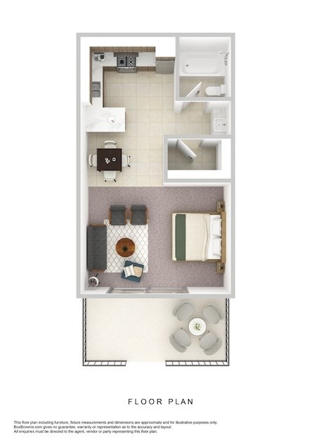 A floor plan of a small apartment with a kitchen, living room, and bathroom.